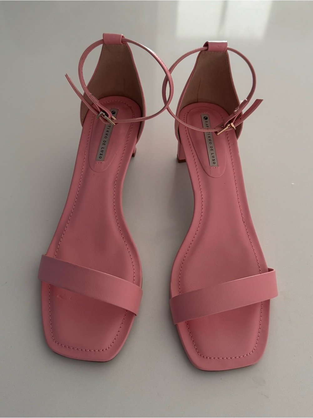 New Pink Leather Ankle-Strap Slim block heels Sandals size 7 girly homecoming
